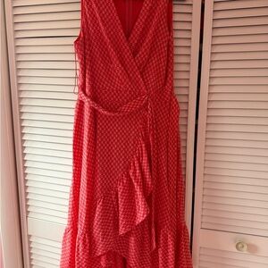 London Times Sleeveless Red Wrap Maxi Dress with Ruffle Detail